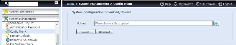 Správa konfigurace Z nabídky vyberte volbu Config Mgmt (Sprá va konfigurace) a zobrazí se obrazovka System Configuration Download/Upload (Stažení/nahrání konfigurace systé mu).
