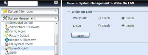Probuzení z LAN (WOL) Thecus IP můţe být z reţimu spánku probuzen přes port WAN/LAN1 nebo LAN2. Z nabídky vyberte volbu WOL a zobrazí se obrazovka Probuzení z LAN.