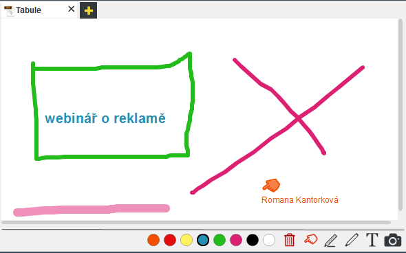 4.2.3 Whiteboard Interaktivní tabule neboli whiteboard je novinkou v našem systému. Jedná se o bílou stránku (tabuli), do které je možné psát a kreslit, případně využít sdíleného kurzoru.