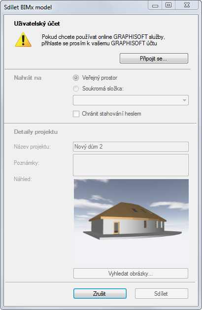 Sdílení BIMx 3D modelu Vaše společnost již má založený firemní GRAPHISOFT účet svázaný s vaší licencí - objeví se okno připojit k účtu: abyste mohli sdílet BIMx model, musíte se nejprve připojit k