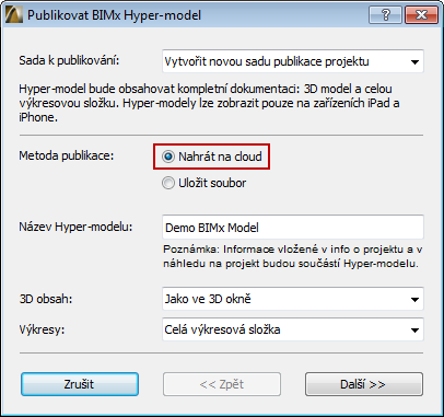 Uložení nebo nahrání BIMx Hyper-Modelu Používání průvodce BIMx Hyper-Modelu Tuto metodu (Soubor > Publikovat BIMx Hyper-model) použijte pro vytváření nového sady publikace Hyper-modelu nebo opětovné