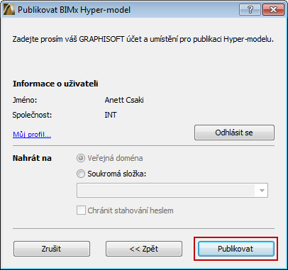 Uložení nebo nahrání BIMx Hyper-Modelu Viz Vytvoření sady publikace. 7. Na poslední stránce nastavte volby pro zvolenou metodu publikace (nahrát nebo uložit).