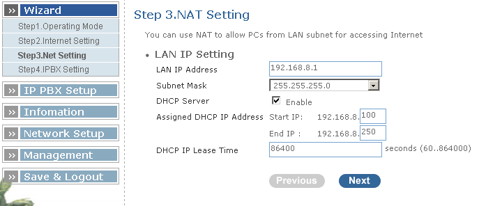 V dalším nastavení si změníme výchozí IP adresu LAN portu na některou z neveřejných např. 192.168.8.1. DHCP server můžeme nechat zapnutý.