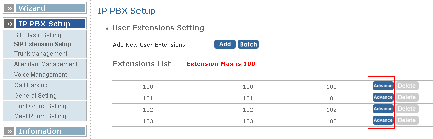 Dále přejdeme na přeskočenou záložku SIP extension Setup, kde se nastavují vnitřní linky. Po kliknutí na advance se dostaneme do upřesňujícího nastavení pro každou linku.