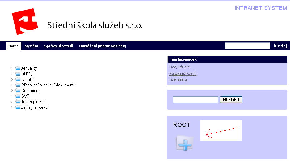 - Pr vytvření adresáře v křenvé struktuře (hlavní slžky) kliknut na dmvské stránce (Hme) na tlačítk ROOT v pravé dlní části - Nastavit práva pr uživatele (mžn měnit dle aktuálních pžadavků) Kliknut