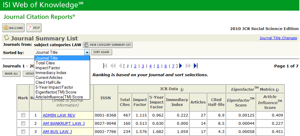 JOURNAL CITATION REPORTS (JCR) řazení