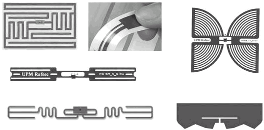 Obrázek 8 Ukázka antén RFID tagů [18] RFID tagy můžeme rozdělit podle výrobní technologie, druhu paměti, zdroje energie a frekvenčního pásma, ve kterém pracují. 5.