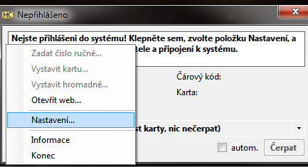 Při prvním spuštění aplikace je potřeba provést Nastavení: Klepněte levým tlačítkem do textového