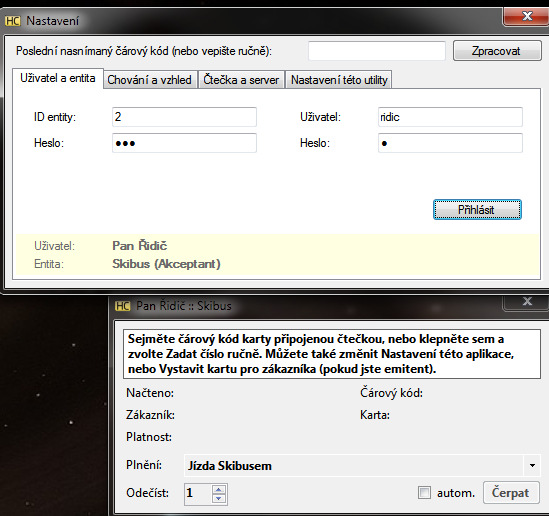 Pokud vše proběhne v pořádku, dojde k přihlášení, a na stavovém okně se zobrazí v záhlaví jméno uživatele (na obrázku Pan Řidič ) a jeho entity (na obrázku Skibus ).