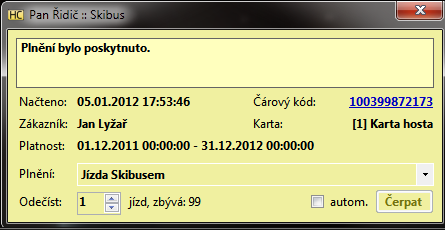 4. Ověřování karet a čerpání plnění Po sejmutí čárového kódu karty čtečkou anebo ručním zadání čísla karty z klávesnice terminálová aplikace online ověří platnost karty.