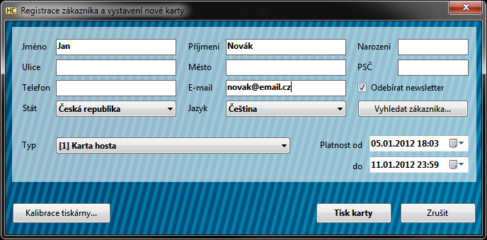 karty. Zde jsou kolonky pro údaje zákazníka, kterému se má karta vystavit. Povinnými údaji jsou Jméno, Příjmení a E-mail, volitelně je možno vyplnit i ostatní údaje.