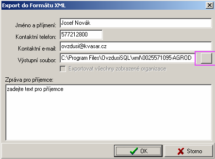 17.4 Export do formátu XML Tato funkce umožňuje exportovat data do formátu xml, který slouží pro komunikaci mezi databázemi a mezi programem OvzdusiSQL a centrální ohlašovnou.