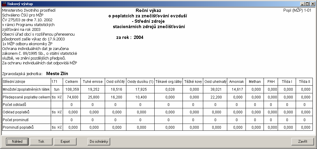 17.8 Souhrn emisí podle firem Tato sestava zobrazí v rámci zvoleného území (ORP,obec,katastr) jednotlivé provozovatele, přičemž sečte jednotlivé znečišťující látky za všechna zařízení u daného