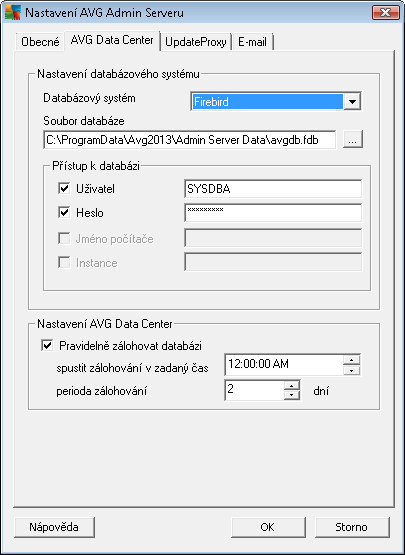 Sekce Přístup k serveru V této sekci doporučujeme pro zvýšení bezpečnosti vyplnit uživatelské jméno a heslo pro přístup k AVG DataCenter.