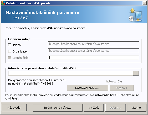 V průběhu tohoto kroku je nezbytné definovat následující instalační parametry: Licenční údaje vložte licenční informace jako jméno, společnost a licenční číslo (povinná položka).