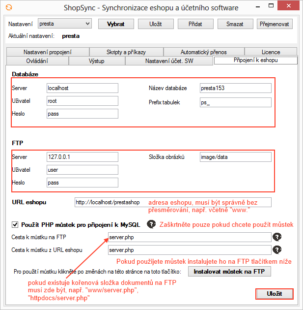 2. Připojení k databázi a FTP 2 možnosti jak se připojit k eshopu o o buď musí být povolen vzdálený přístup do databáze nastavíte na serveru či hostingu kde máte eshop umístěn, obvykle se to dělá na