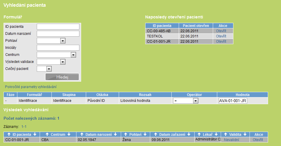 11 Pokročilé vyhledávání Funkce pokročilé vyhledávání slouží k dohledání původního ID, pokud byl pacient založen dříve v registru Avastin či Erbitux.