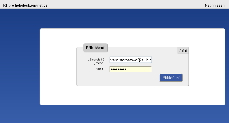 1. PŘIHLÁŠENÍ K APLIKACI Aplikace Hepldesk je dostupná na adrese: http://helpdesk.envinet.cz Přihlašovací formulář je zobrazen na následujícím obrázku. Přihlašovací jméno zákazníka je vždy jeho email.