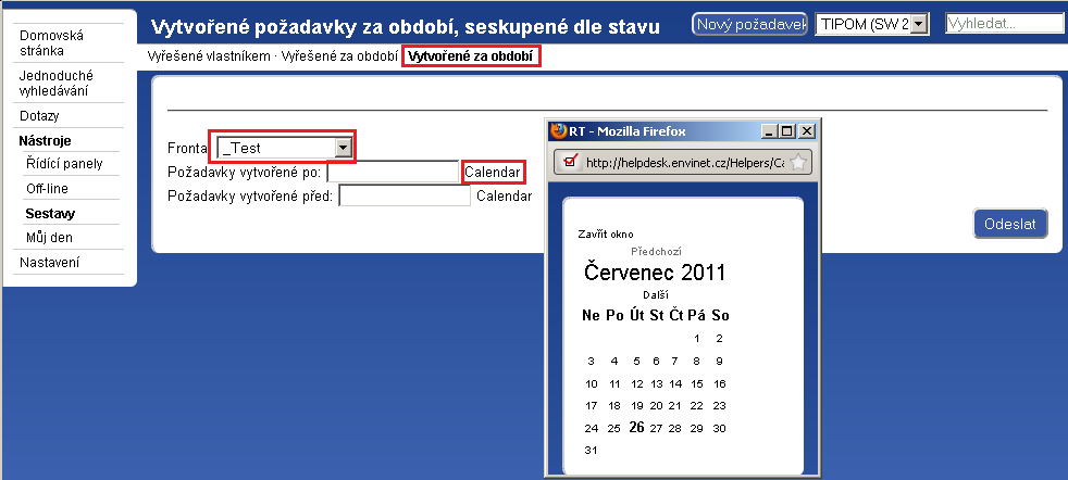 12. SESTAVY Aplikace umožnuje zkoumat počty požadavků v jednotlivých frontách seskupené dle vlastníka, data vyřešení a data vytvoření.