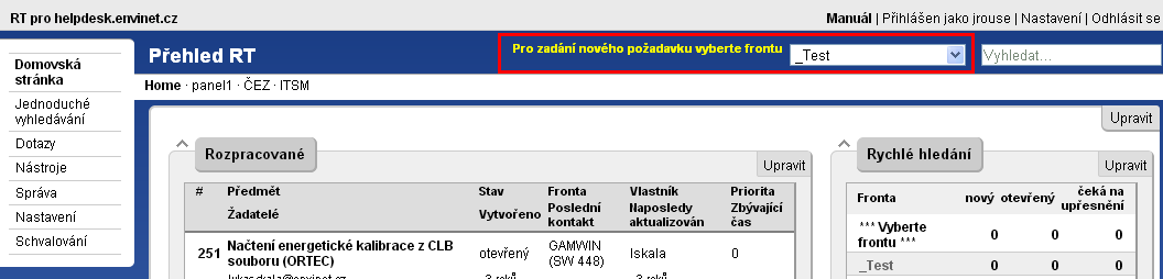 2. ZÁKLADY PRÁCE S APLIKACÍ HELPDESK Základní použití aplikace (zasílání požadavků dodavateli) se skládá z několika kroků: 1) Vytvoření nového požadavku: Po přihlášení k systému Helpdesk vyberte z