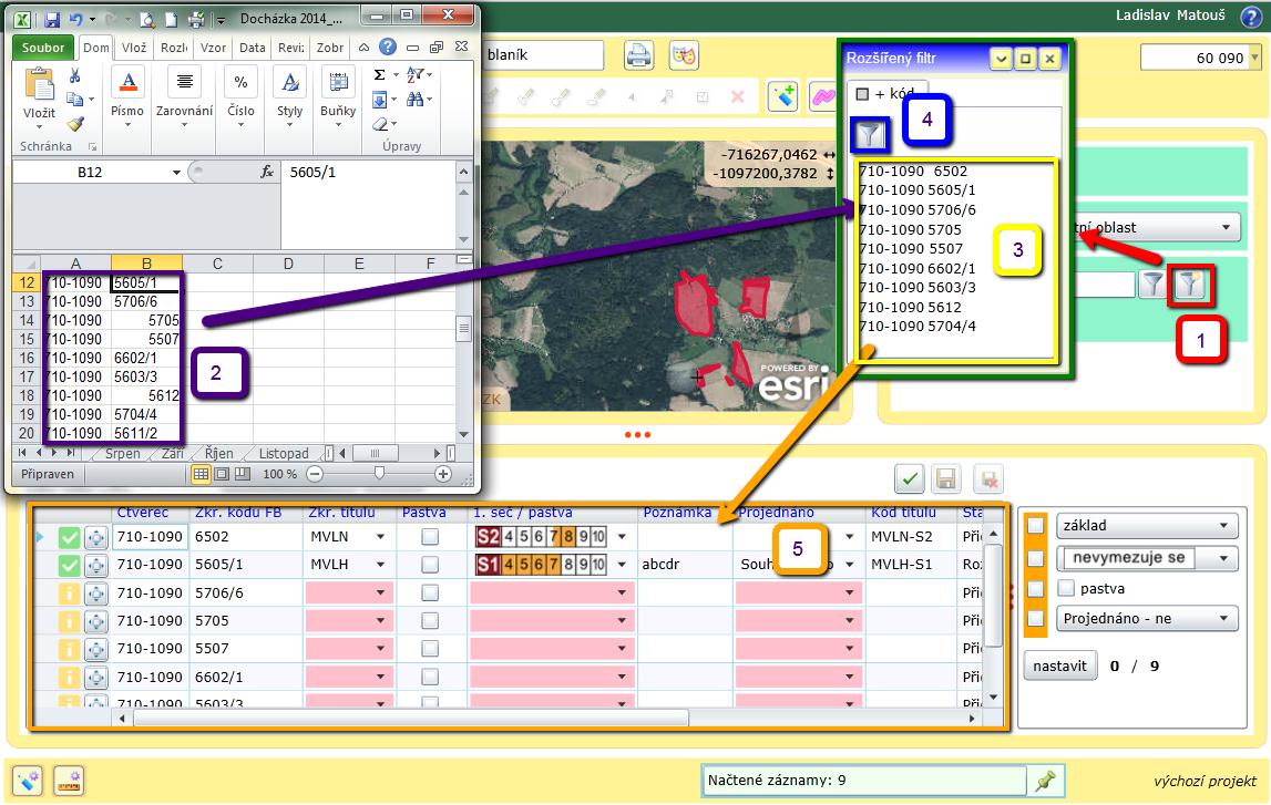5.1.1.2 Načtení dotačních titulů ležících na PBÚ pomocí seznamu Nejprve je třeba kliknout na tlačítko rozšířený filtr (1), poté vybrat záznamy obsahující půdní čtverec a zkrácený kód