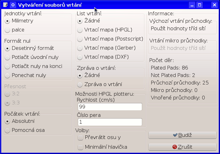 List vrtání je určen pro ruční vrtání, pokud bychom si chtěli vyrábět DPS doma. Podle potřeby můžeme list vrtání vyexportovat do požadovaného vektorového formátu, a ten pak vytisknout na tiskárně.