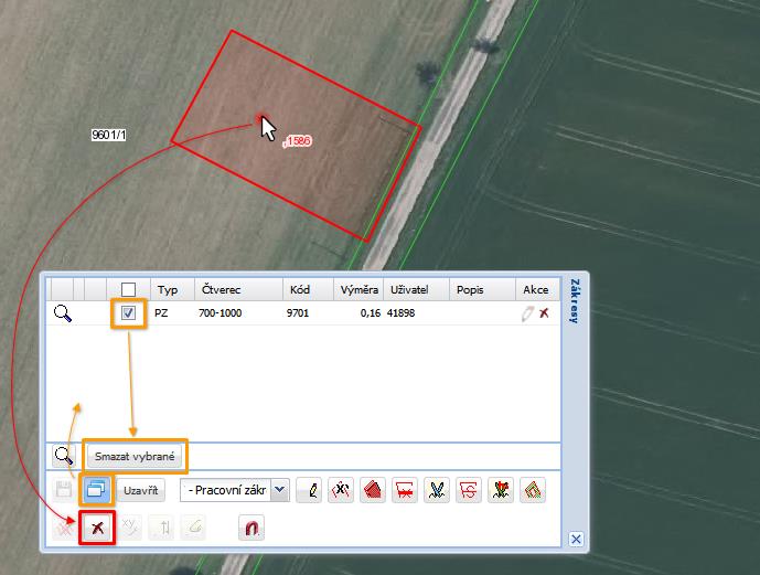 Obrázek 14: Uložení změn zákresu po dokončení editace 3.3.3 Smazání zákresu Zákres lze smazat třemi způsoby popsanými na následujícím obrázku.