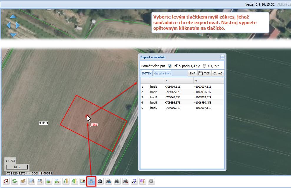 Obrázek 21: Spuštění funkce export souřadnic K dispozici jsou dvě varianty výstupu (s poř. číslem a bez). Tlačítka pro export souřadnic do souboru SHP a TXT.