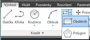 Postup kreslení: Kreslení obdélníku 1. Na kartě Výchozí v panelu Kreslit rozbalíme ikonu Obdélníku nebo Polygonu (vidíme vždy naposledy použitou). 2.