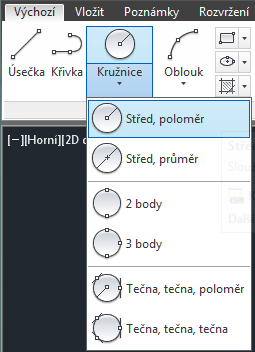 Kreslení kružnice Postup kreslení: 1. Na kartě Výchozí v panelu Kreslit rozbalíme ikonu Kružnice a vybereme variantu způsobu zadání rozměrů kružnice. 2.