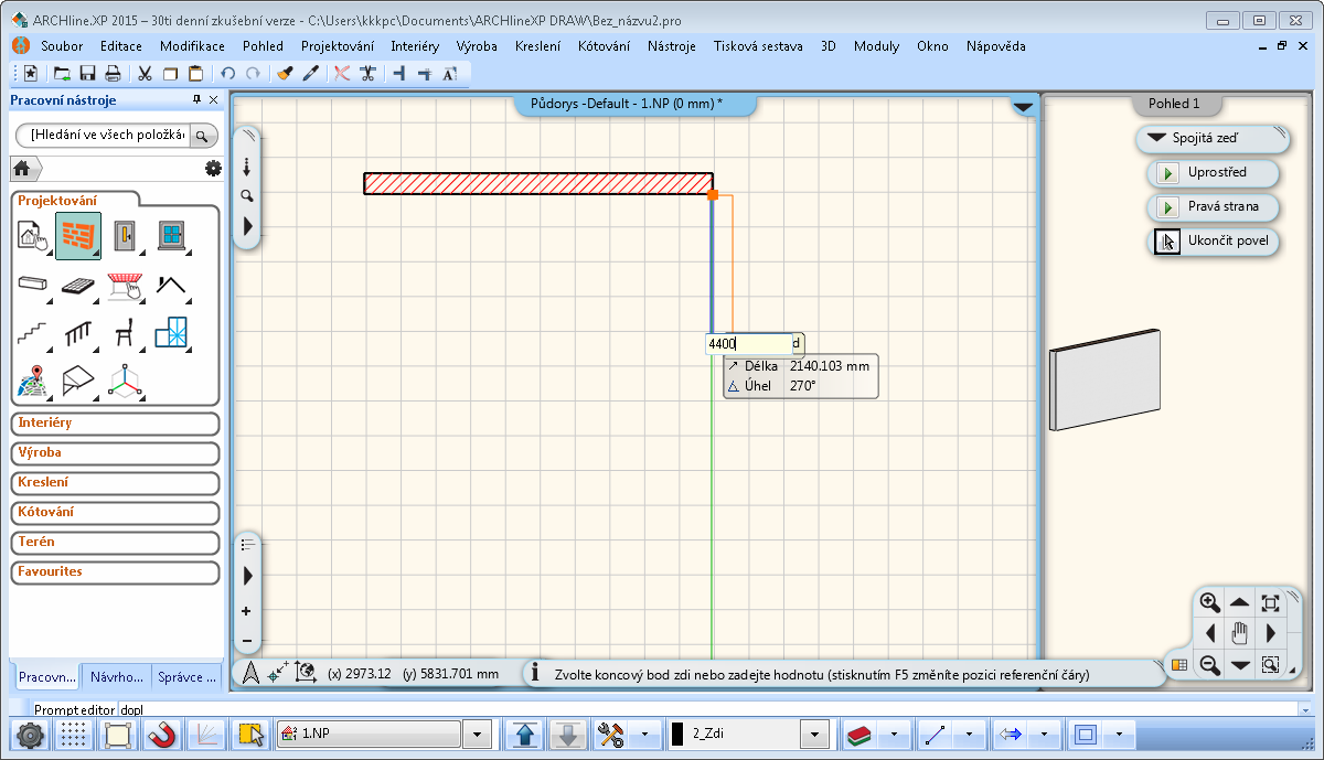 ARCHline.XP 2015 Základy kreslení 19 Horizontální zeď, délky 5m je vytvořena. Vpravo se objeví nové okno, které zobrazuje 3D model této zdi. Software automaticky vygeneruje 3D model.