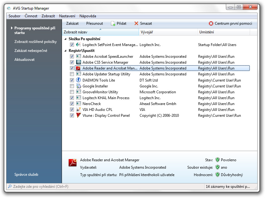 10. Kontrola systému Program AVG PC Tuneup vám poskytuje sadu nástrojů, které vám pomohou kontrolovat každou úlohu, službu nebo aplikaci běžící na vašem počítači. 10.1. Mějte pod kontrolou programy spouštěné po startu Windows Sníží počet programů, které se spouští automaticky, urychlí bootování Windows a uvolní systémové zdroje.