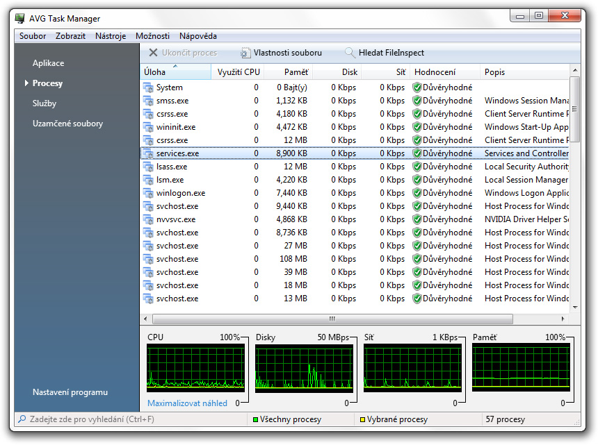 Nástroj Task Manager spustíte kliknutím na položku Úlohy v sekci Stav sy stém u. Vyberte jednu z kategorií vlevo: Aplikace, Procesy, Služby nebo Zamčené soubory.