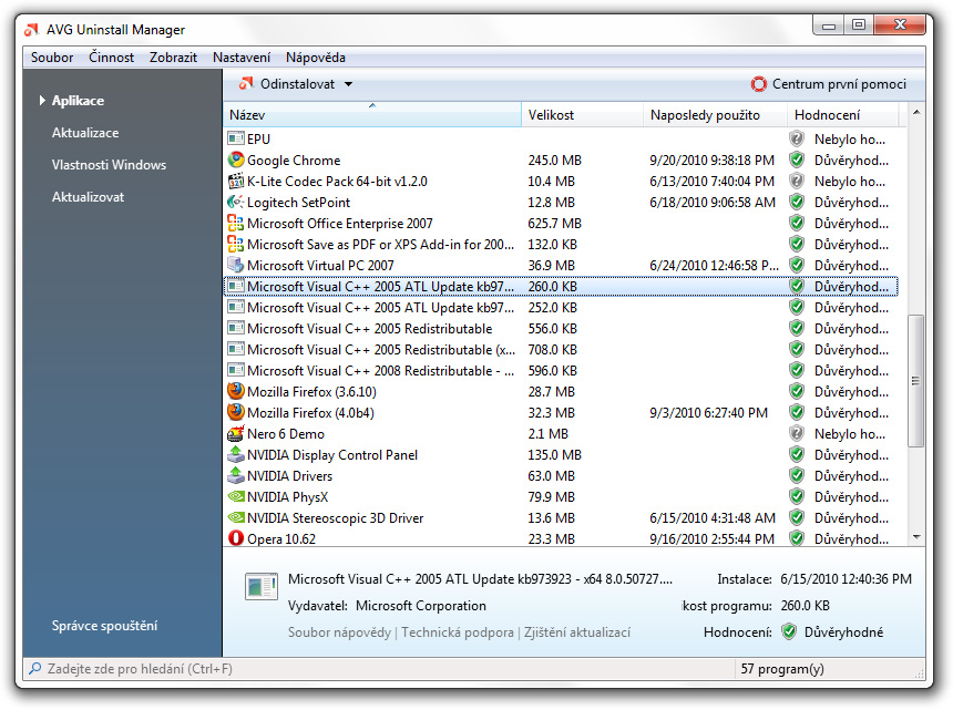 Klikněte na položku Instalov aný software v sekci Kontrola software, vyberte program, který chcete odstranit a klikněte na: Odinstalov at spustí se průvodce odinstalací programu Tichá odinstalace pro