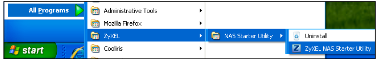 3. Ve Windows poté zvolte Start > Všechny programy > ZyXEL > NAS Starter Utility > ZyXEL NAS Starter Utility.