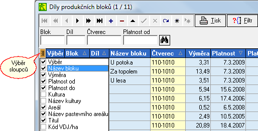 Hledání: K vyhledání konkrétního záznamu dojde po vyplnění polí zobrazených nad datovou mřížkou.