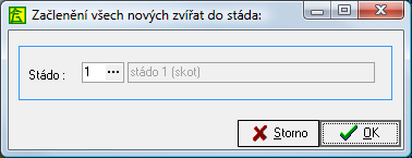 4. Zadejte parametry pro začlenění nových zvířat do stád: začlenit všechna nová zvířata Všechna zvířata, která v programu Evidence pastvy dosud chybí, do jednoho stáda budou zařazena do jednoho