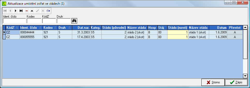 Program nabídne převodní tabulku, ve které je třeba určit, která stáj se má převádět do kterého stáda. Zároveň lze příznakem "převést" určit, které stáje se nemají převádět vůbec.