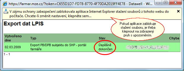 4. Po kliknutí na tlačítko "Data LPIS" se začne generovat soubor ke stažení. Tato fáze může trvat různě dlouho - podle velikosti dat, rychlosti připojení a zatížení serveru. 5.