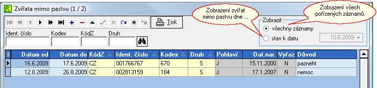 8. Deník Menu: Deník Tato volba je vhodná zejména pro opravy již pořízených údajů, doplnění některých záznamů a případnou kontrolu již zadaných dat. Pasení Mimo pastvu Zařazení do stáda 8.1.