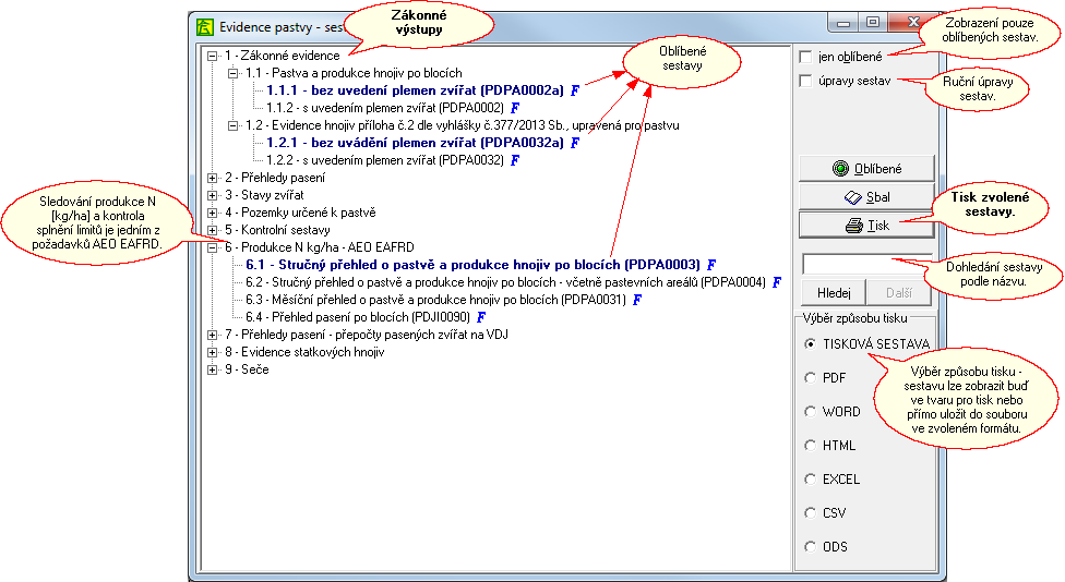 Program Evidence pastvy obsahuje řadu sestav a rozborů. Základem jsou sestavy vycházející z legislativy. Sestavy jsou pro lepší orientaci uspořádány do stromů - větví dle témat.
