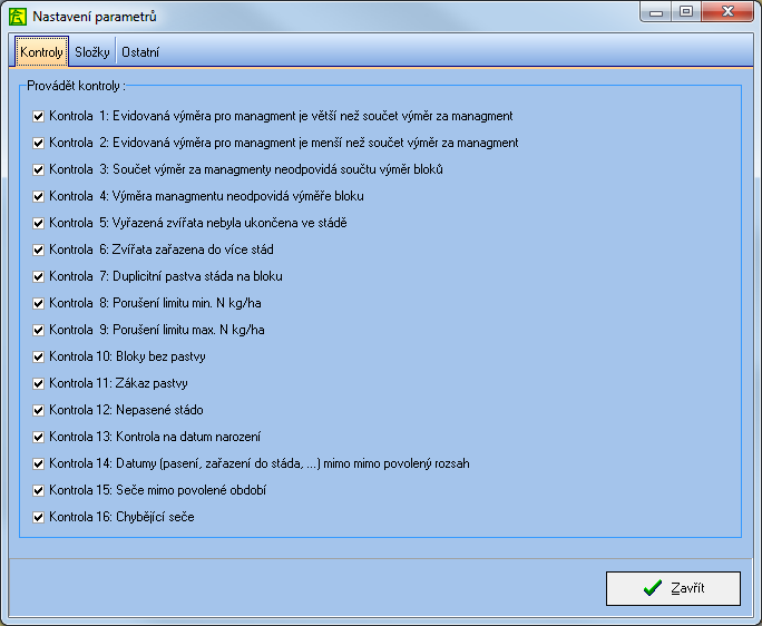 14. Nastavení 14.1. Nastavení parametrů Menu: Nástroje, 5 - Nastavení parametrů Záložka "Kontroly": Možnost ručního vypnutí některých kontrol. Lze využít např.