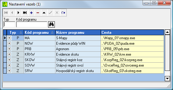 Obrázek: nastavení vazeb v programu Evidence pastvy 14.