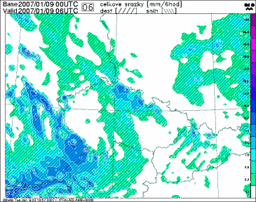 Ukázka předpovědi srážek pro ČR. Srážky v mm za posledních 6 hodin - šrafováním jsou vyznačeny oblasti, kde je předpovídáno sněžení nebo déšť se sněhem.