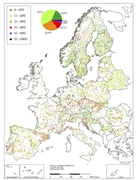 Míra defoliace v Evropě v roce 2006 a srovnání stavu ve vybraných zemích v letech 1995, 2000 a 2004 ČR patří v rámci EU27 mezi státy s nejvyšší mírou