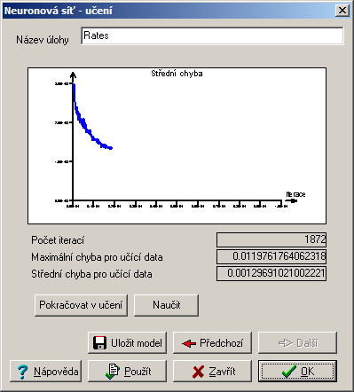 Obrázek 1 Výběr proměnných Obrázek 2 Topologie sítě a parametry optimalizace Obrázek 3 Okno řízení optimalizace sítě Délka předpovědi definuje počet předpovědí budoucích, dosud neznámých hodnot.