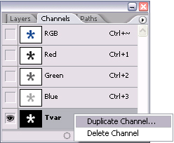 příkaz Duplicate Channel (Duplikovat kanál). (Obr 5.4) Převrácení chráněné a nechráněné oblasti 1. Klepněte na příslušný alfa kanál a pak stiskněte kombinaci kláves Ctrl+I (Obr 5.