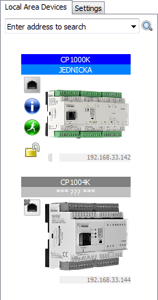 4.2.2 Seznam dostupných PLC zařízení a záložka nastavení Seznam dostupných PLC zařízení v lokální síti (Local Area Devices) je možné vygenerovat stiskem tlačítka Scan z nástrojové lišty.