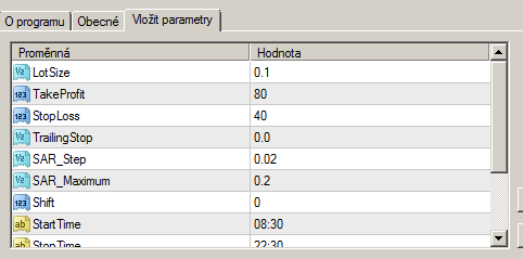 1) V aplikaci Metatrader vyvolejte ve vybraném grafu indikátor Parabolic SAR (Insert Indicators Trend) 2) Přetáhněte strategii do grafu 3) Zvolte nastavení Lot size: velikost lotu Take Profit: kolik