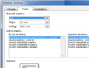 2.2. Velikost stránky Kromě běžné velikosti kancelářského papíru tedy A 4 můžeme ve Wordu nastavit libovolnou velikost stránky, abychom mohli později dokument vytisknout např.